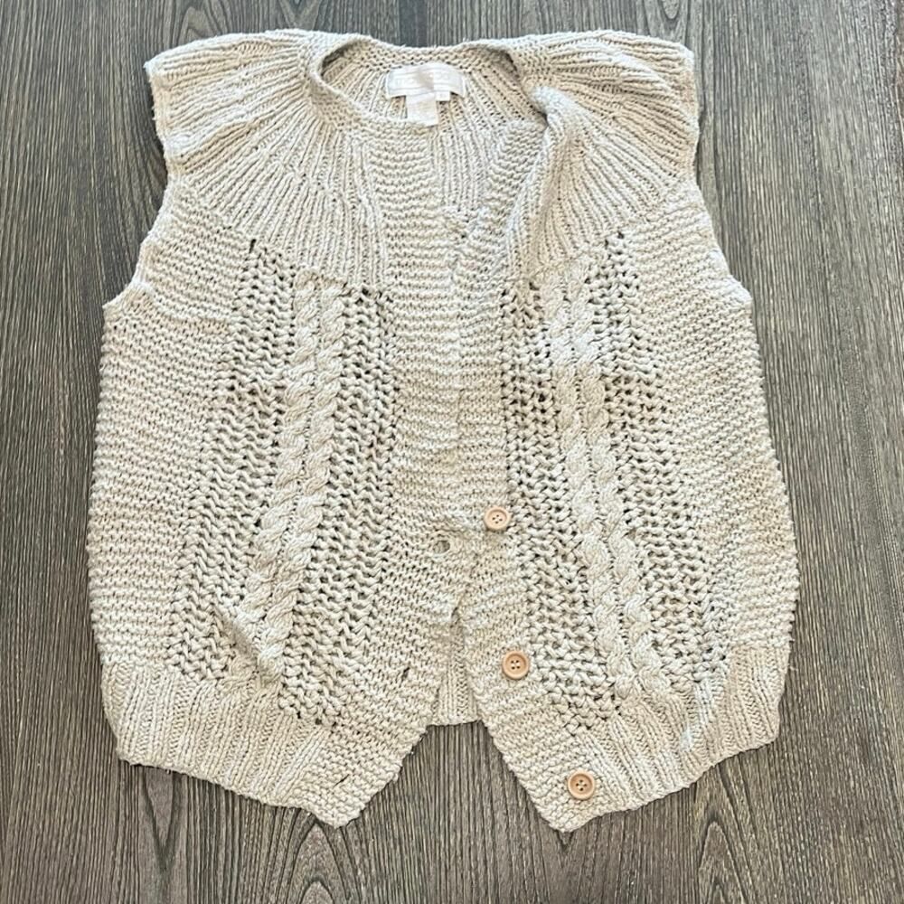 Maurada Crochet Sweater Vest Silk Blend Hand Knit Boho Button Front Tan Size L